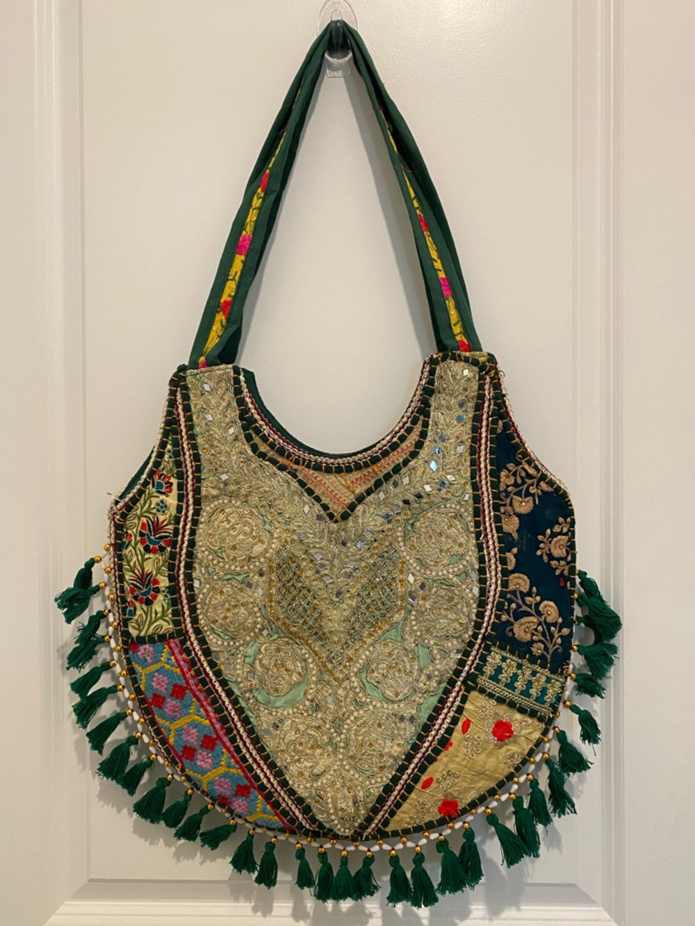 Embroidered Green Boho Tote Bag with Tassels